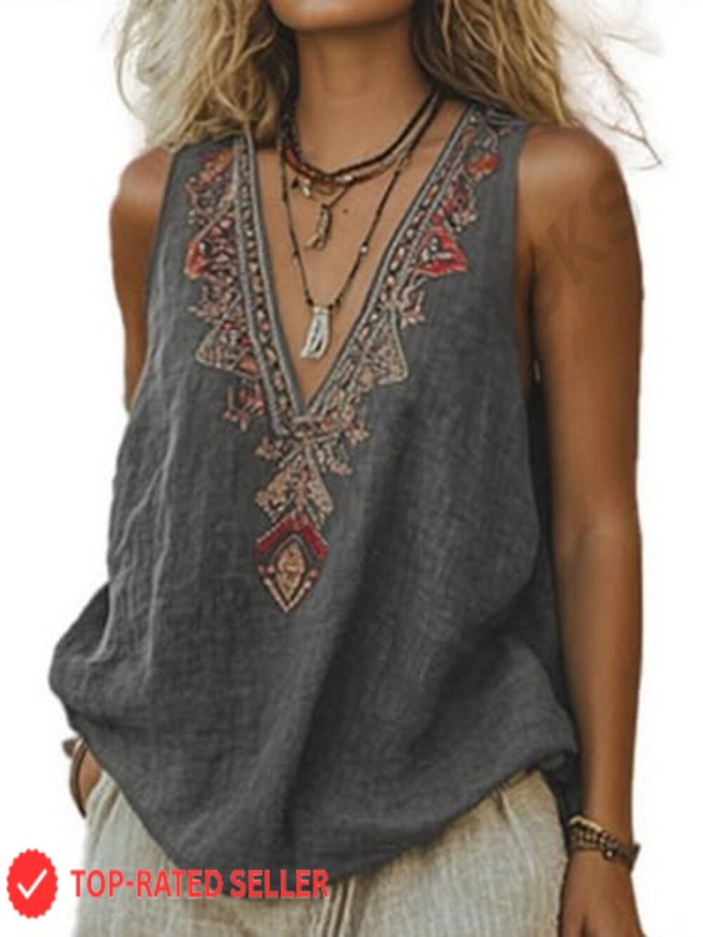 Mexican Embroidered Sleeveless Boho Peasant Blouse V Neck Floral Tank Top